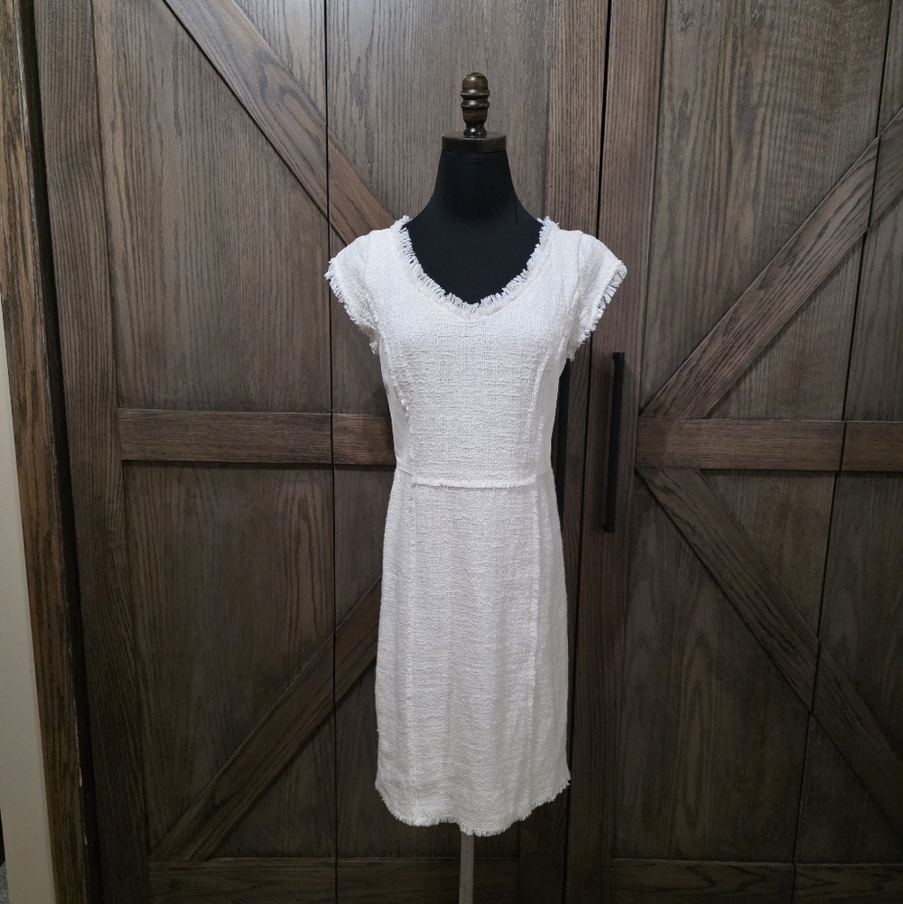 Rebecca Taylor Cream Textured V-Neck Fringe Midi Dress